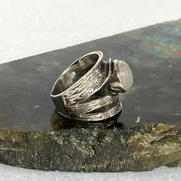 Sterling Silver 925 YS India Modernist Moonstone Wide Band Ring Sz 7.5-7.75 - Picture 3 of 16